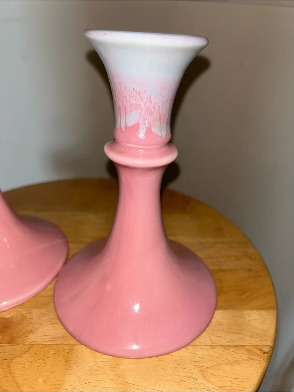 Vintage Hull Pottery Pink White Drip Glaze Candlesticks Holders 6.5”